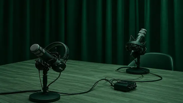 Zwei Podcast-Mikrofone auf einem Tisch vor grünem Vorhang